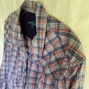 Eddie Bauer Plus Size 2XL Blue Plaid Long Sleeve Summer Blouse Front Zip Pockets
